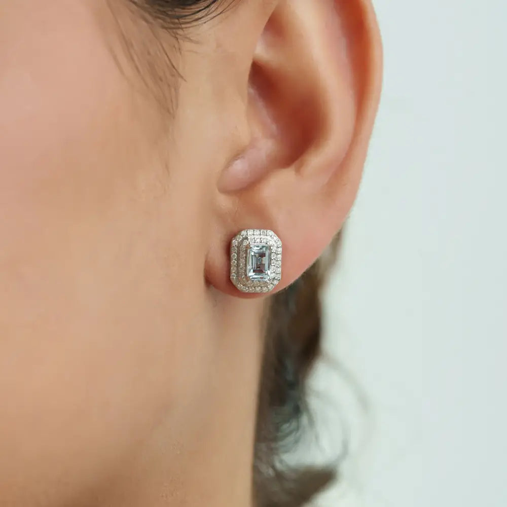 Prong Set Aquamarine & Diamond Double Cluster Stud Earrings Handmade 14K Real White Gold