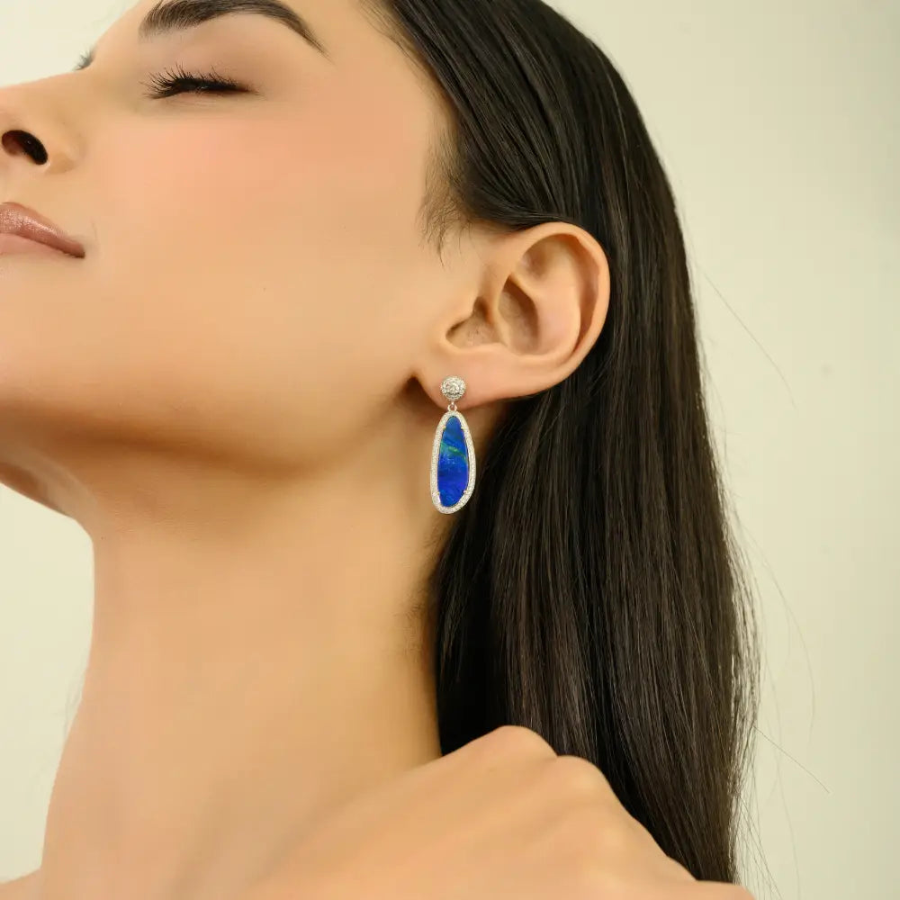 Australian Opal & Diamond 14K Real White Gold Drop Earrings Women Wedding Jewelry