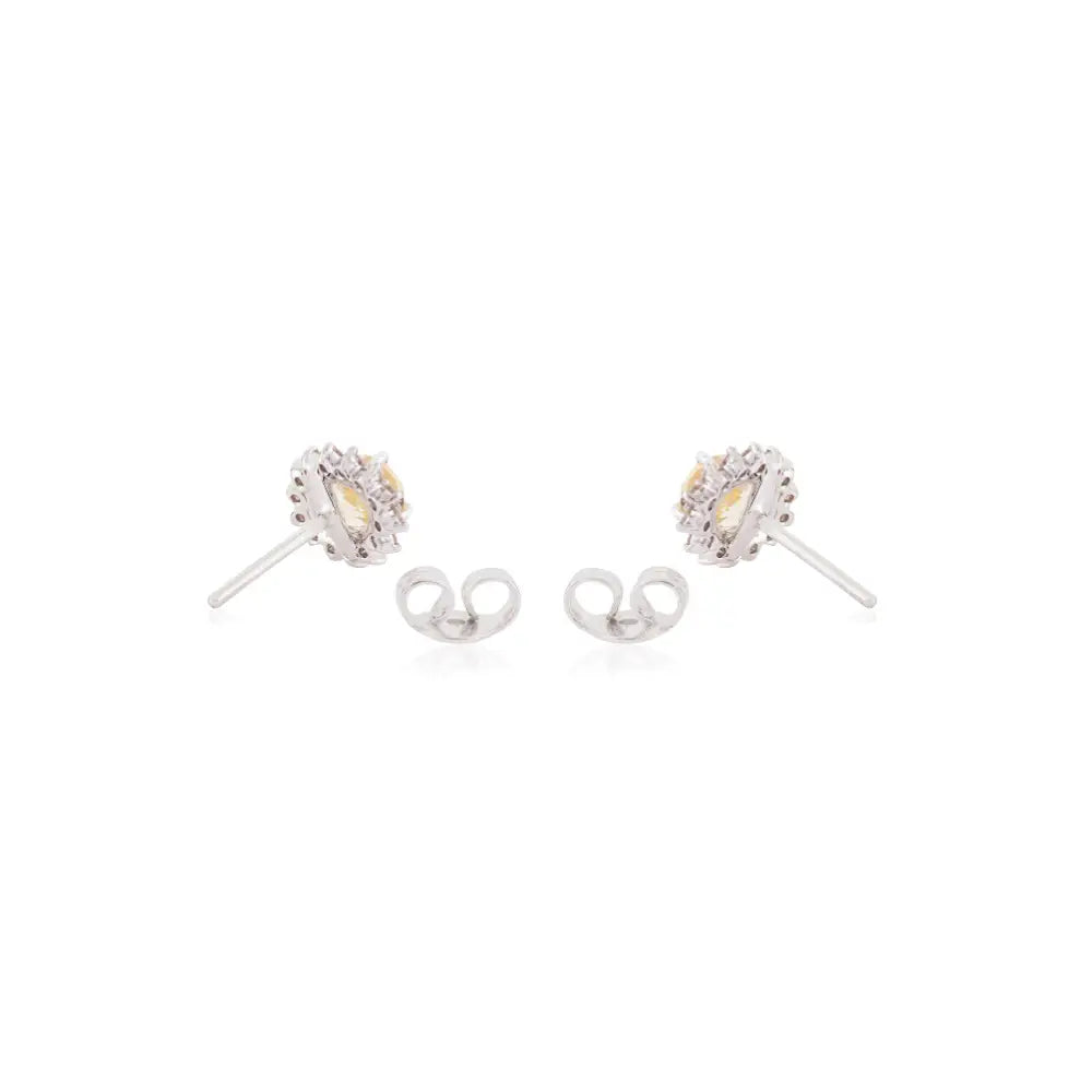 14K Real White Gold Yellow Sapphire & Diamond Women Cluster Stud Earrings Fine Jewelry