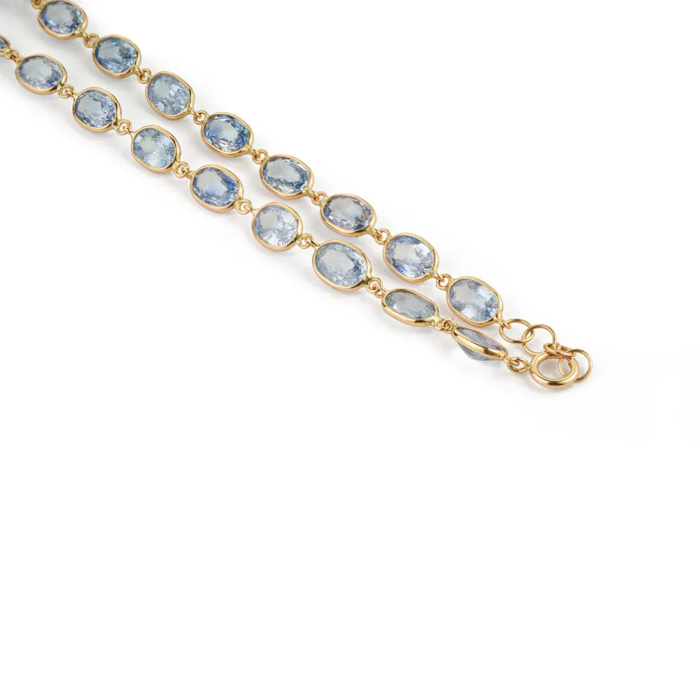 Latest Design New Arrival Blue Sapphire Gemstone Station Wedding Necklace Real 14K Yellow Gold Jewelry