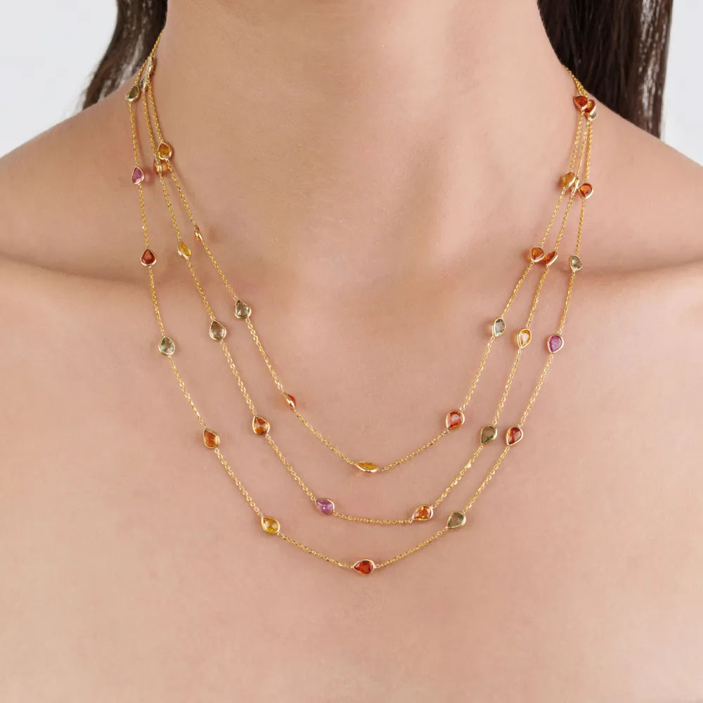 Colorful Gemstone Multi Sapphire Solid K18 Yellow Gold Triple Layer Station Chain Necklace Wedding Jewelry