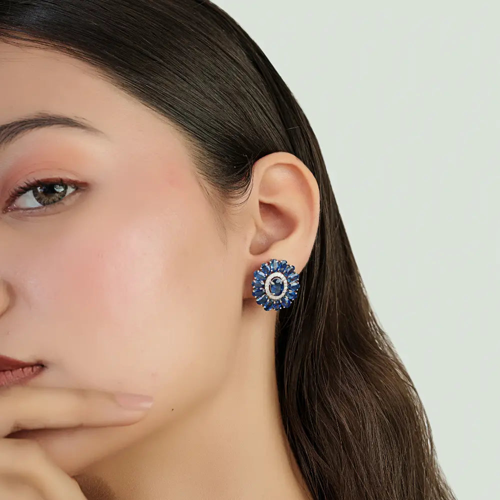 Blue Sapphire & Diamond Halo Flower Shape Stud Earrings For Wedding 14K Real White Gold