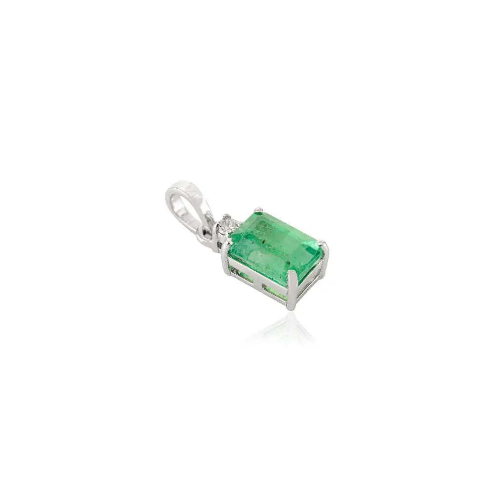 Real 14K White Gold 5x7mm Octagon Cut Emerald & Diamond Minimal Pendant For Unisex