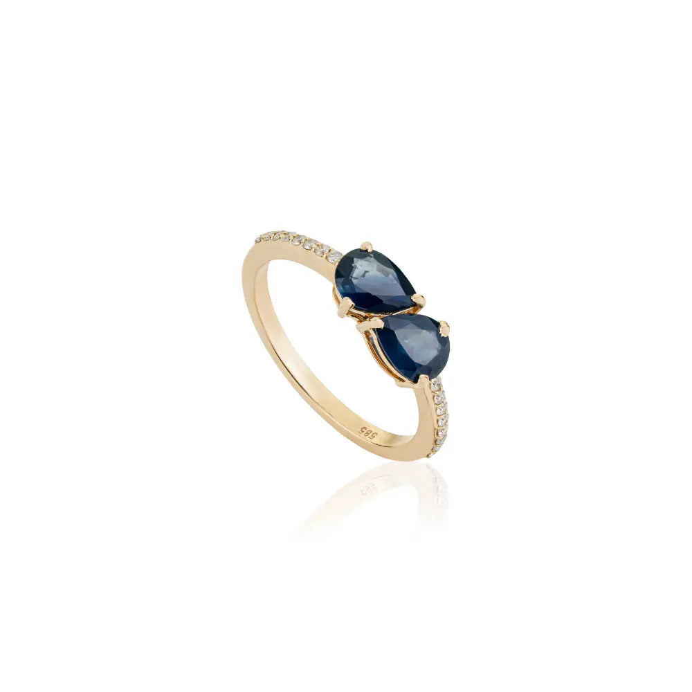 Elegant Design Blue Sapphire & Diamond Stacking Gemstone Ring 14K Yellow Gold Trendy Jewelry