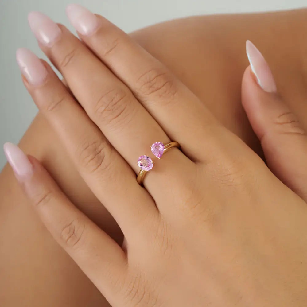 Simple Design Pink Sapphire Toi et Moi Open Ring Stackable 14K Yellow Gold Bulk Jewelry