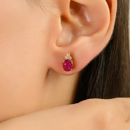 100% Genuine Ruby & Diamond Minimal Stud Earrings K14 Yellow Gold Everyday Jewelry