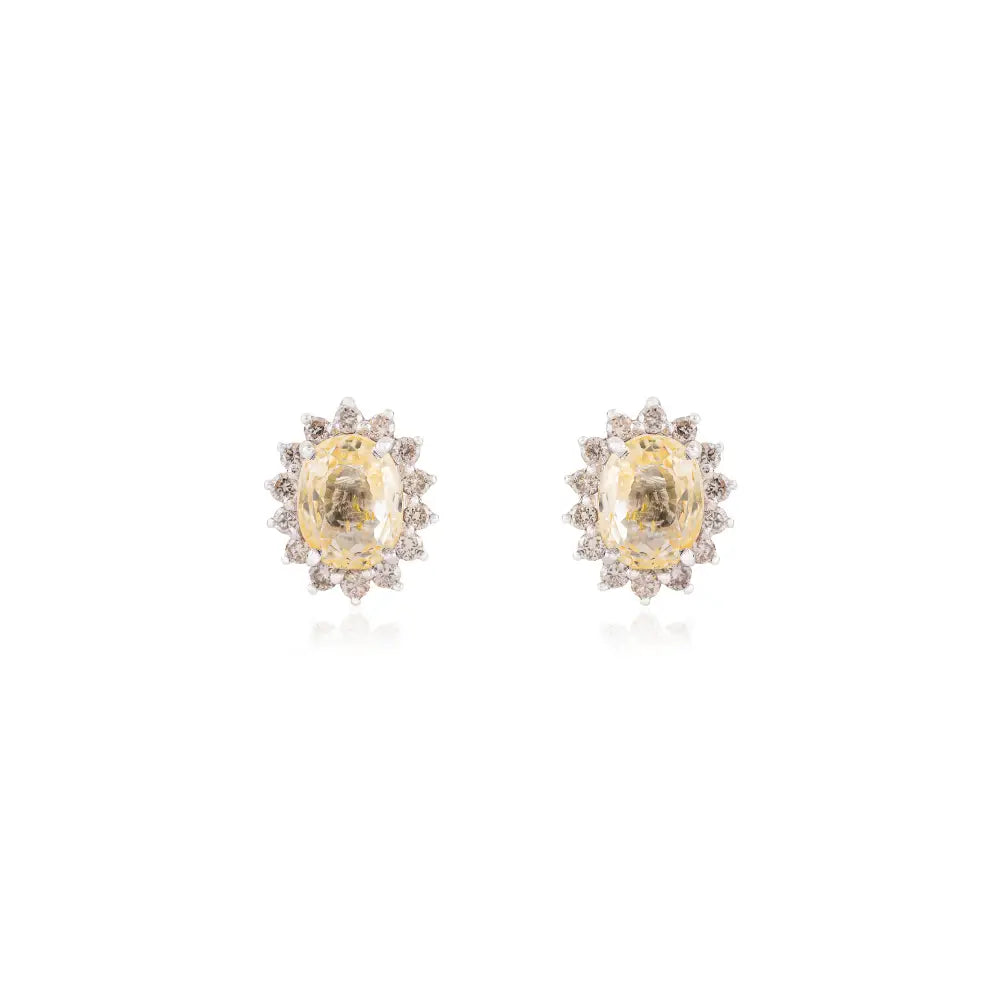 14K Real White Gold Yellow Sapphire & Diamond Women Cluster Stud Earrings Fine Jewelry