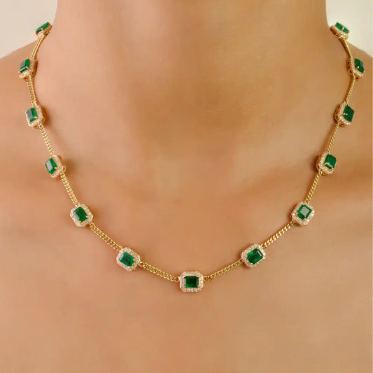 14K Real Yellow Gold Emerald & Diamond Cuban Link Chain Halo Station Necklace For Wedding
