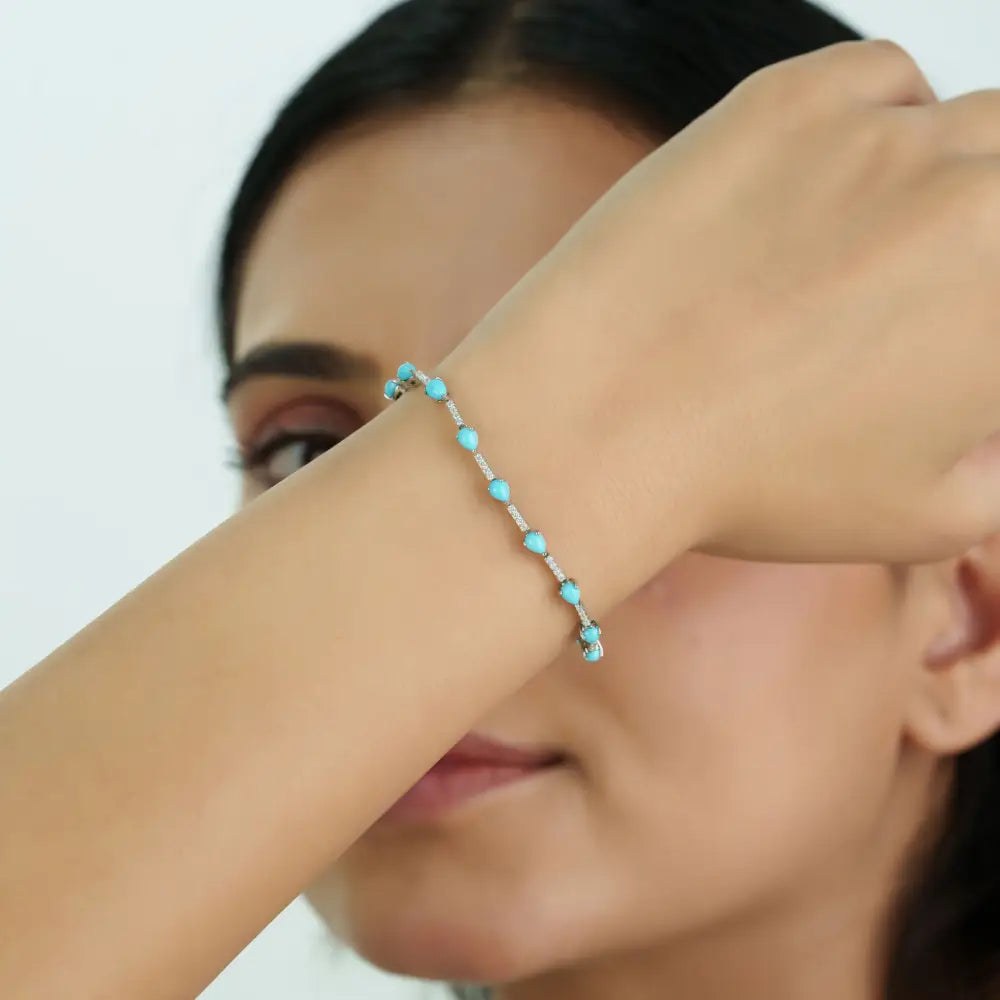 Fine Turquoise & Diamond Sleek Stacking Tennis Bracelet For Unisex 14K White Gold Jewelry