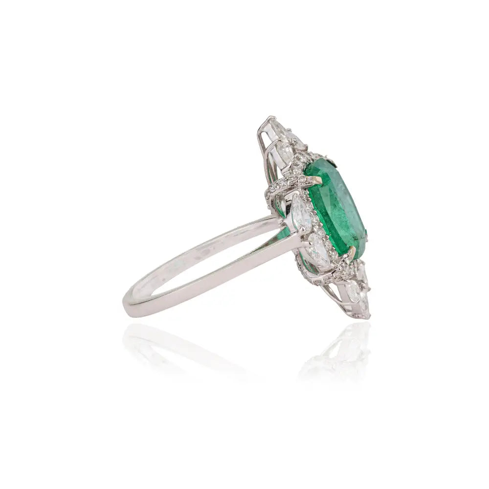 Vintage Inspired 18K Real White Gold Emerald & Diamond Statement Ring For Bridal Jewelry