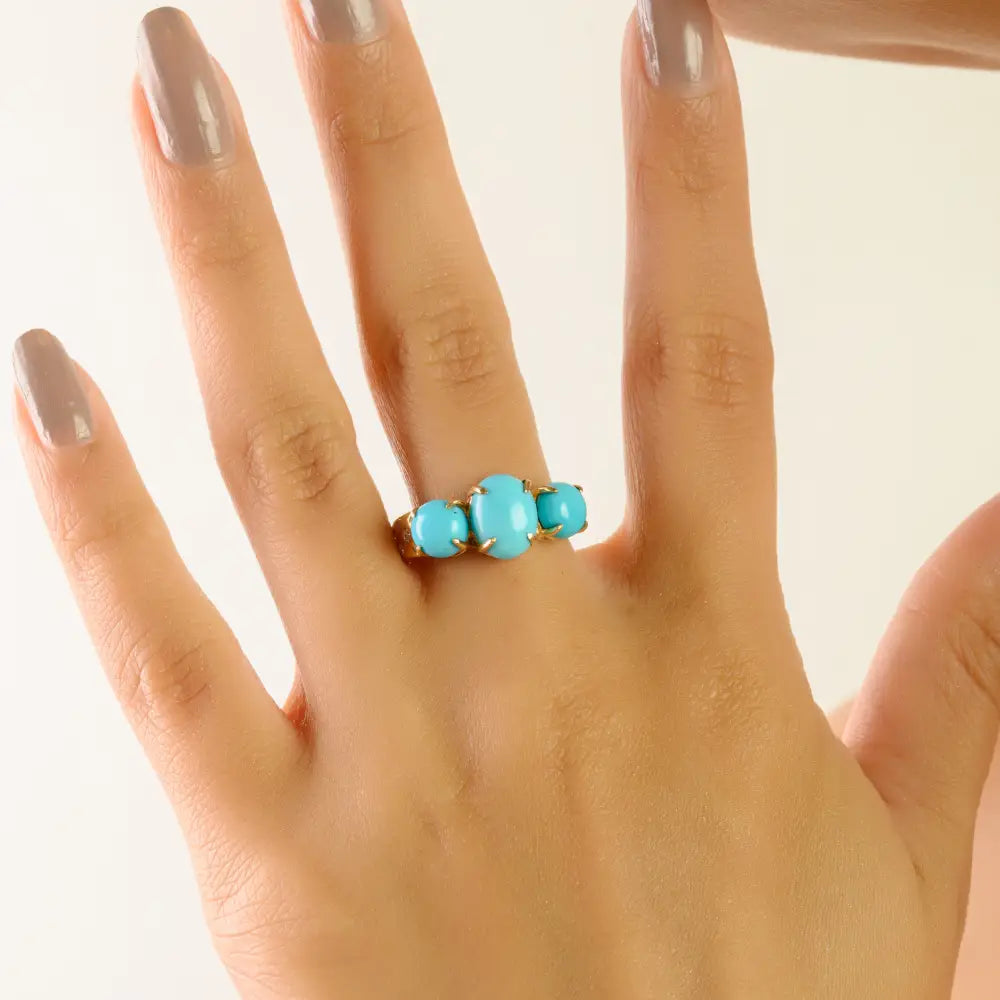Prong Set Turquoise & Diamond Three Stone Ring 14K Yellow Gold Statement Wedding Jewelry