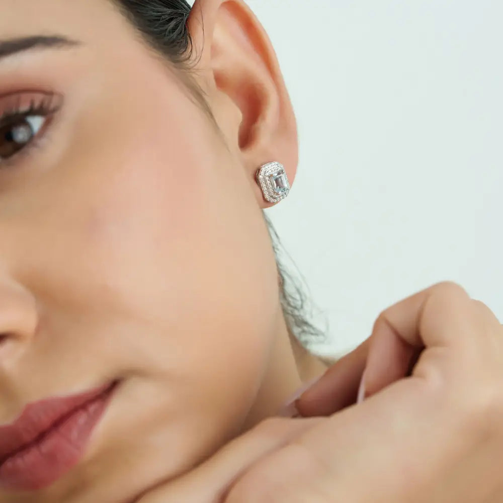 Prong Set Aquamarine & Diamond Double Cluster Stud Earrings Handmade 14K Real White Gold