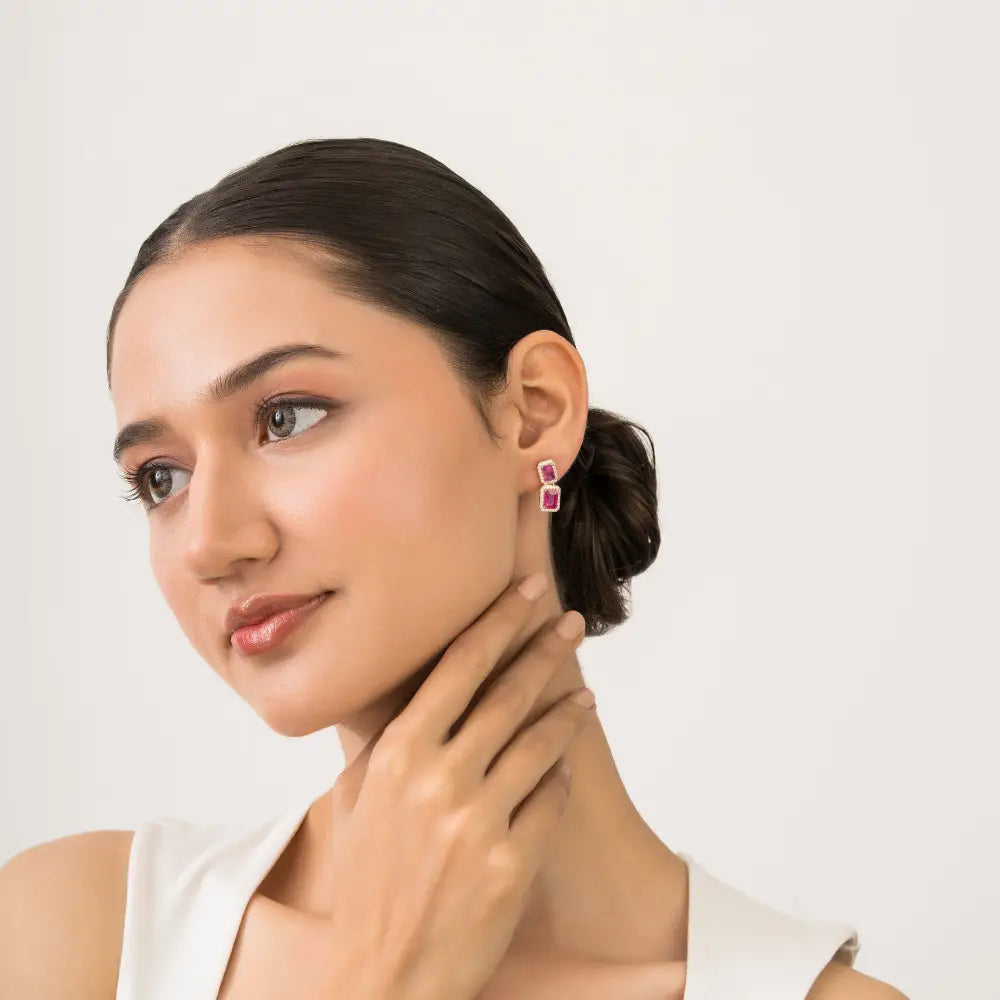 Latest Design 14K Solid Yellow Gold Ruby & Diamond Halo Drop Earrings Anniversary Gift