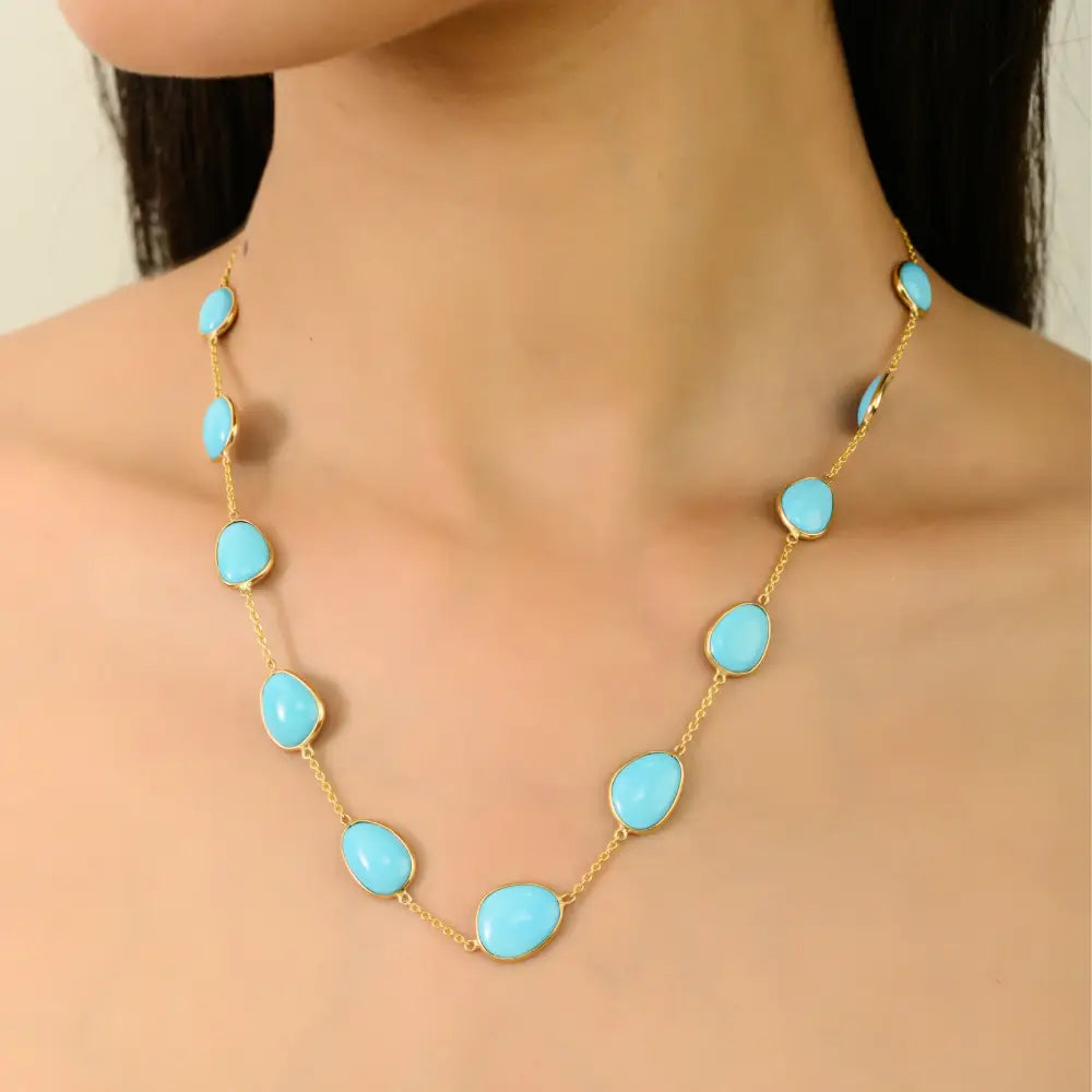 Bezel Set Turquoise Gemstone Station Chain Necklace Stacking Jewelry 14K Solid Yellow Gold