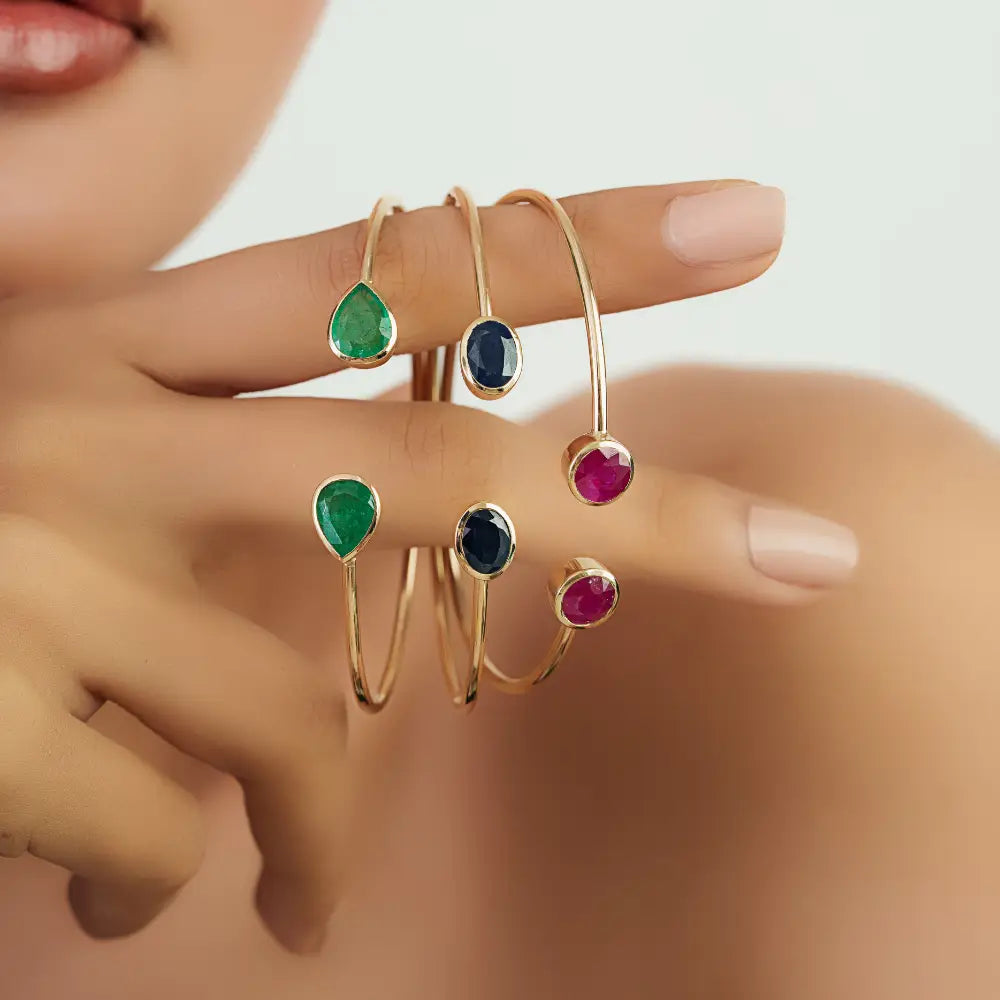 Real 14K Yellow Gold Emerald Gemstone Flexible Cuff Bangle For Unisex Stackable Jewelry