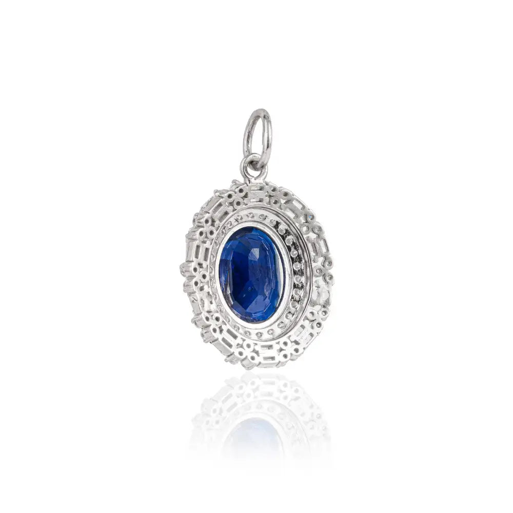 Fine Customized Solid K14 White Gold Blue Sapphire & Diamond Cluster Pendant For Wedding