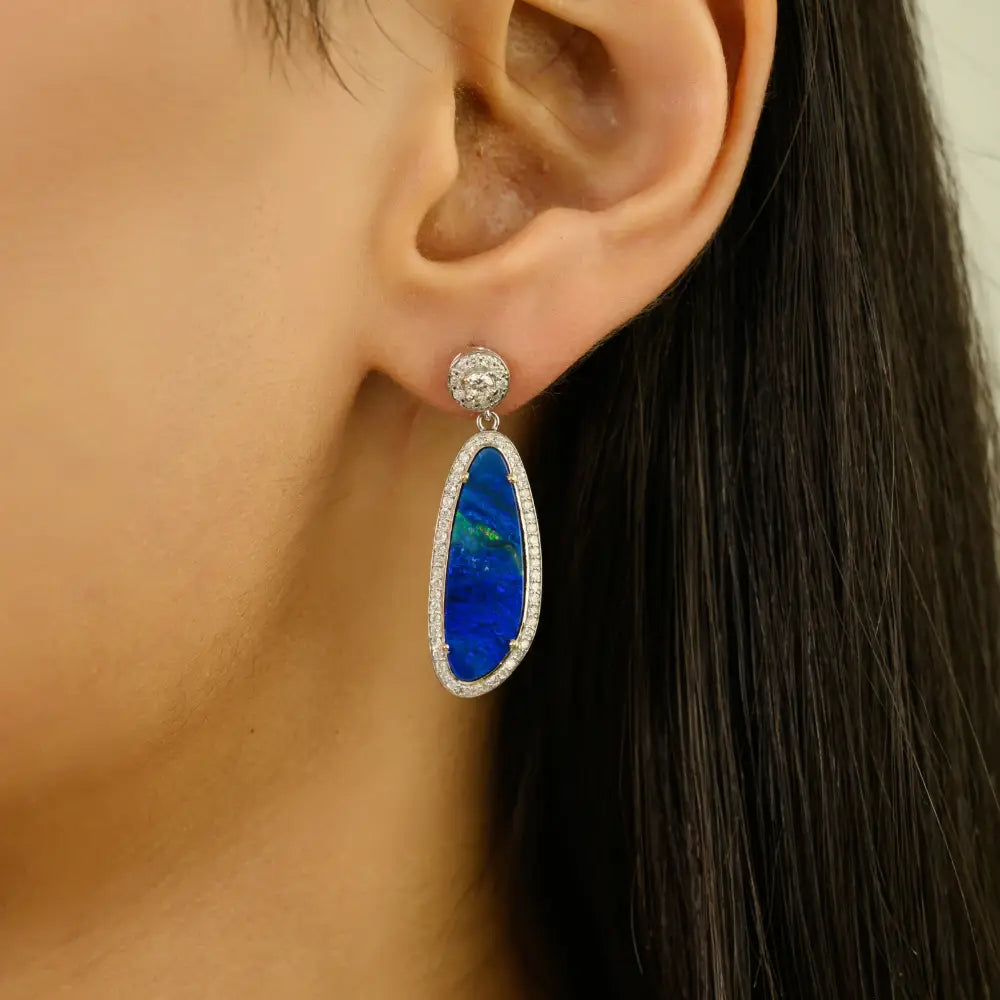 Australian Opal & Diamond 14K Real White Gold Drop Earrings Women Wedding Jewelry