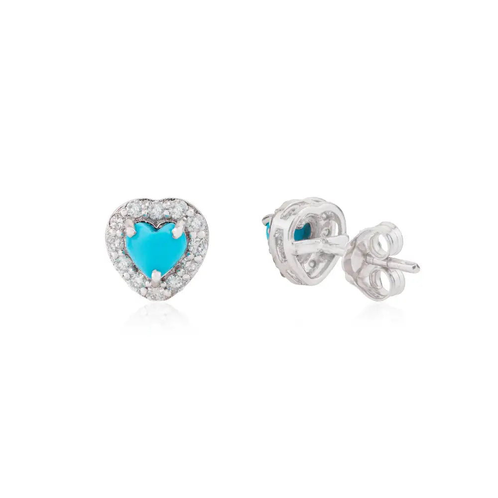 14K Real White Gold Turquoise & Diamond Heart Shape Halo Stud Earrings Daily Wear Jewelry