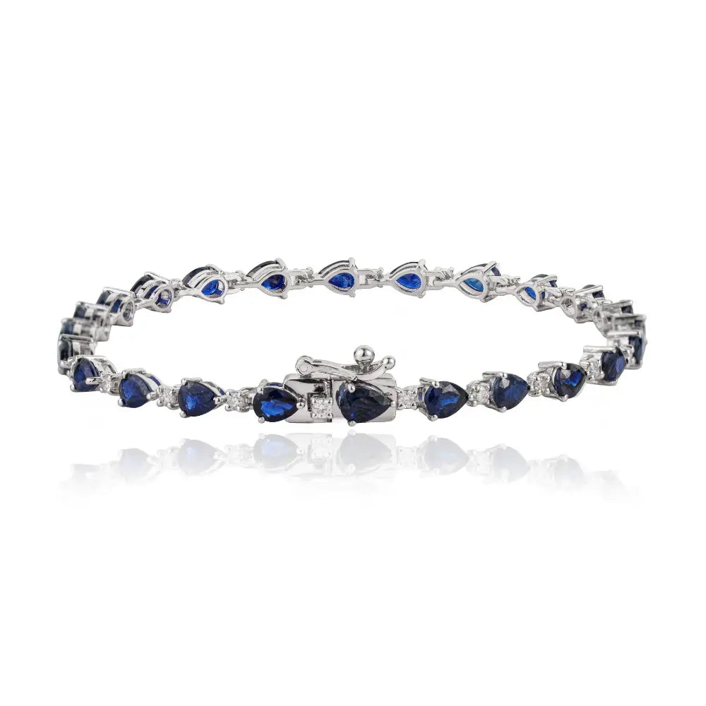 Elegant Classic Style Blue Sapphire & Diamond Stacking Tennis Bracelet Solid K14 White Gold