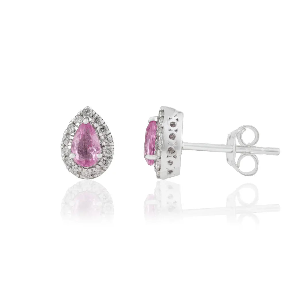 Newly Pink Sapphire & Diamond Solid K18 White Gold Small Halo Stud Earrings Fine Jewelry