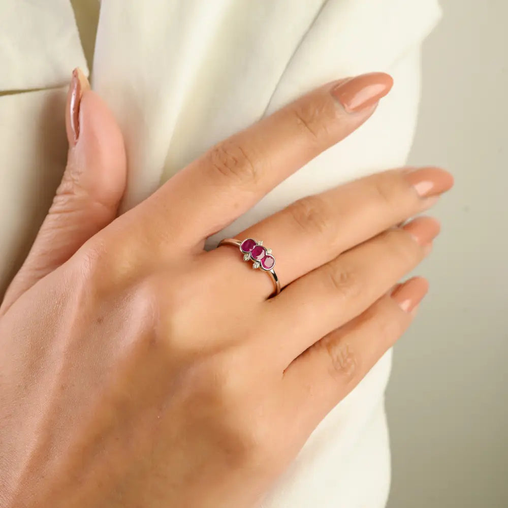 Minimal Elegant Ruby & Diamond 14K Real White Gold Three Stone Ring Women Gift Jewelry