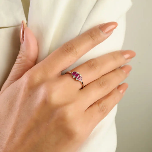 Minimal Elegant Ruby & Diamond 14K Real White Gold Three Stone Ring Women Gift Jewelry