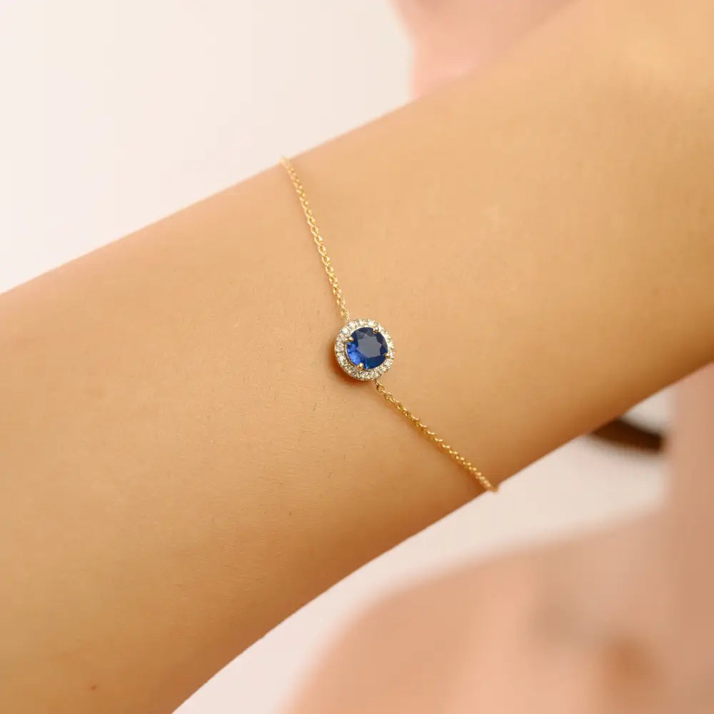 Precious Gemstone Round Cut Blue Sapphire & Diamond Halo Single Stone Bracelet 14K Gold