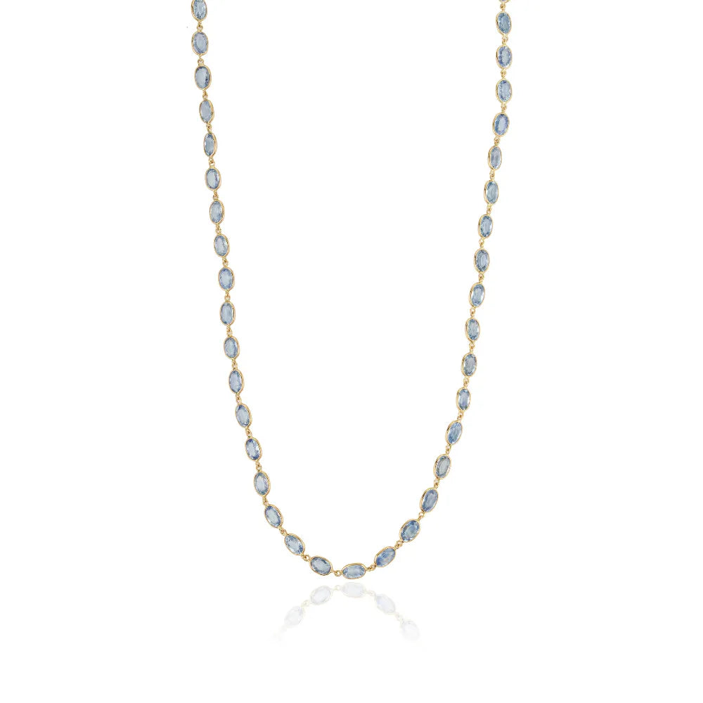 Latest Design New Arrival Blue Sapphire Gemstone Station Wedding Necklace Real 14K Yellow Gold Jewelry