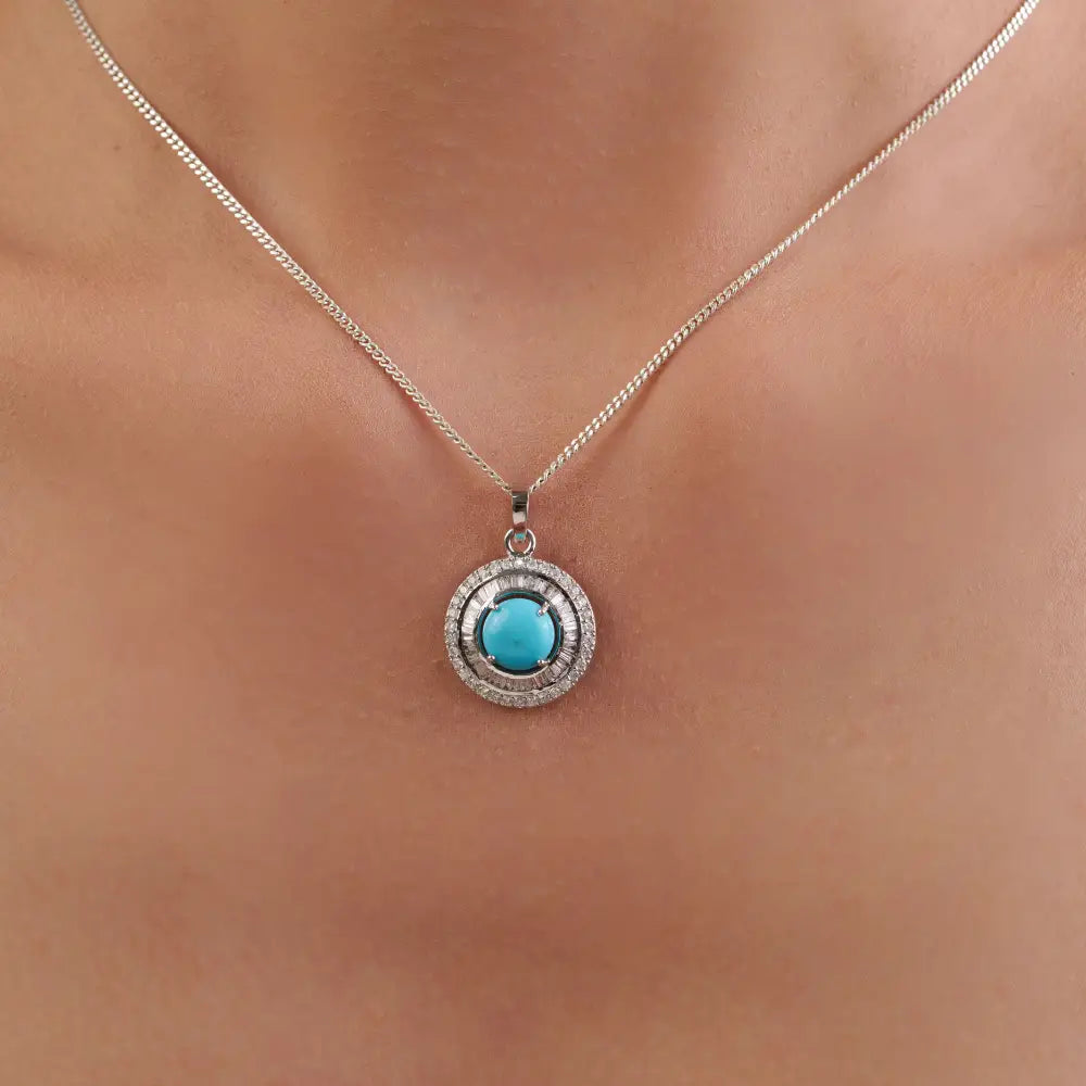 Best Seller 8mm Round Cut Turquoise & Diamond 14K Real White Gold Double Cluster Pendant