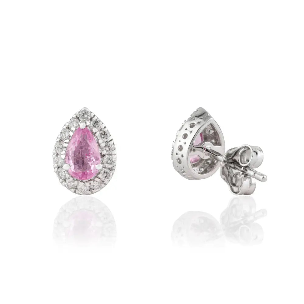 Newly Pink Sapphire & Diamond Solid K18 White Gold Small Halo Stud Earrings Fine Jewelry
