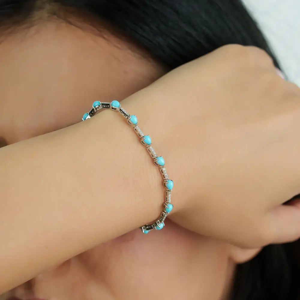 Fine Turquoise & Diamond Sleek Stacking Tennis Bracelet For Unisex 14K White Gold Jewelry