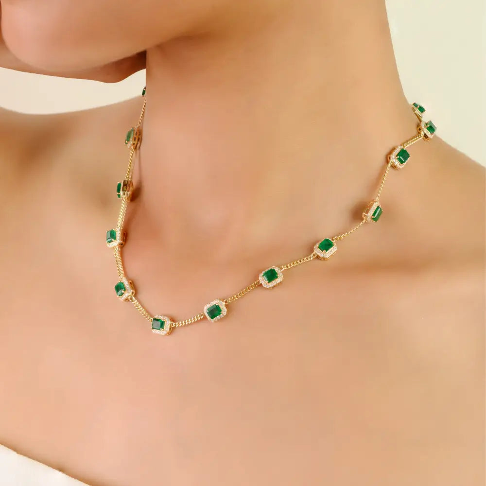 14K Real Yellow Gold Emerald & Diamond Cuban Link Chain Halo Station Necklace For Wedding