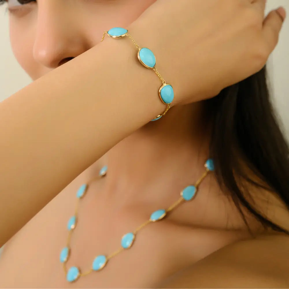 Bezel Set Turquoise Gemstone Station Chain Necklace Stacking Jewelry 14K Solid Yellow Gold