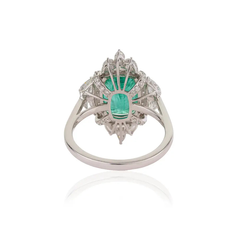Vintage Inspired 18K Real White Gold Emerald & Diamond Statement Ring For Bridal Jewelry