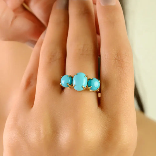 Prong Set Turquoise & Diamond Three Stone Ring 14K Yellow Gold Statement Wedding Jewelry
