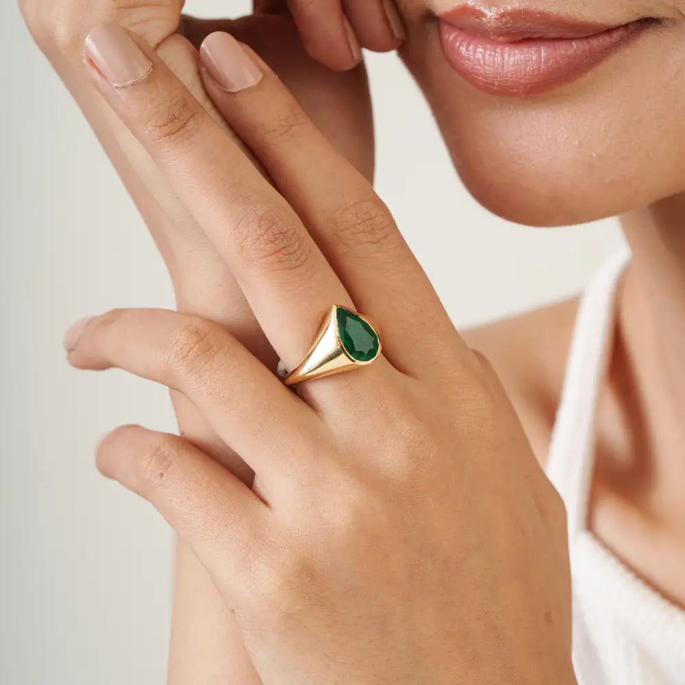 Custom Design K18 Yellow Gold Real Emerald Statement Chunky Ring For Men's Jewelry