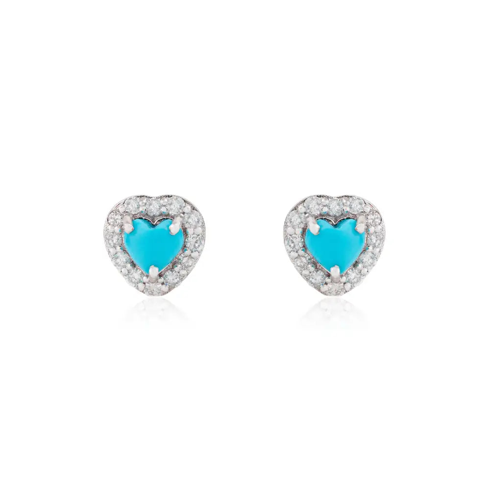 14K Real White Gold Turquoise & Diamond Heart Shape Halo Stud Earrings Daily Wear Jewelry