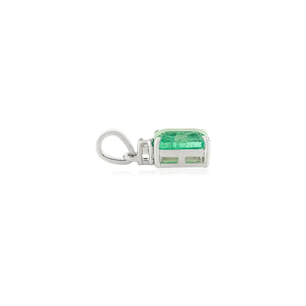 Real 14K White Gold 5x7mm Octagon Cut Emerald & Diamond Minimal Pendant For Unisex