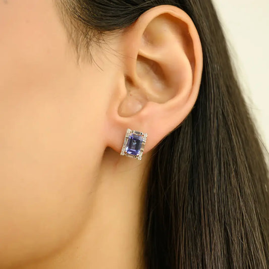 Elegant & Classic Style Tanzanite & Diamond 14K Solid White Gold Halo Stud Earrings
