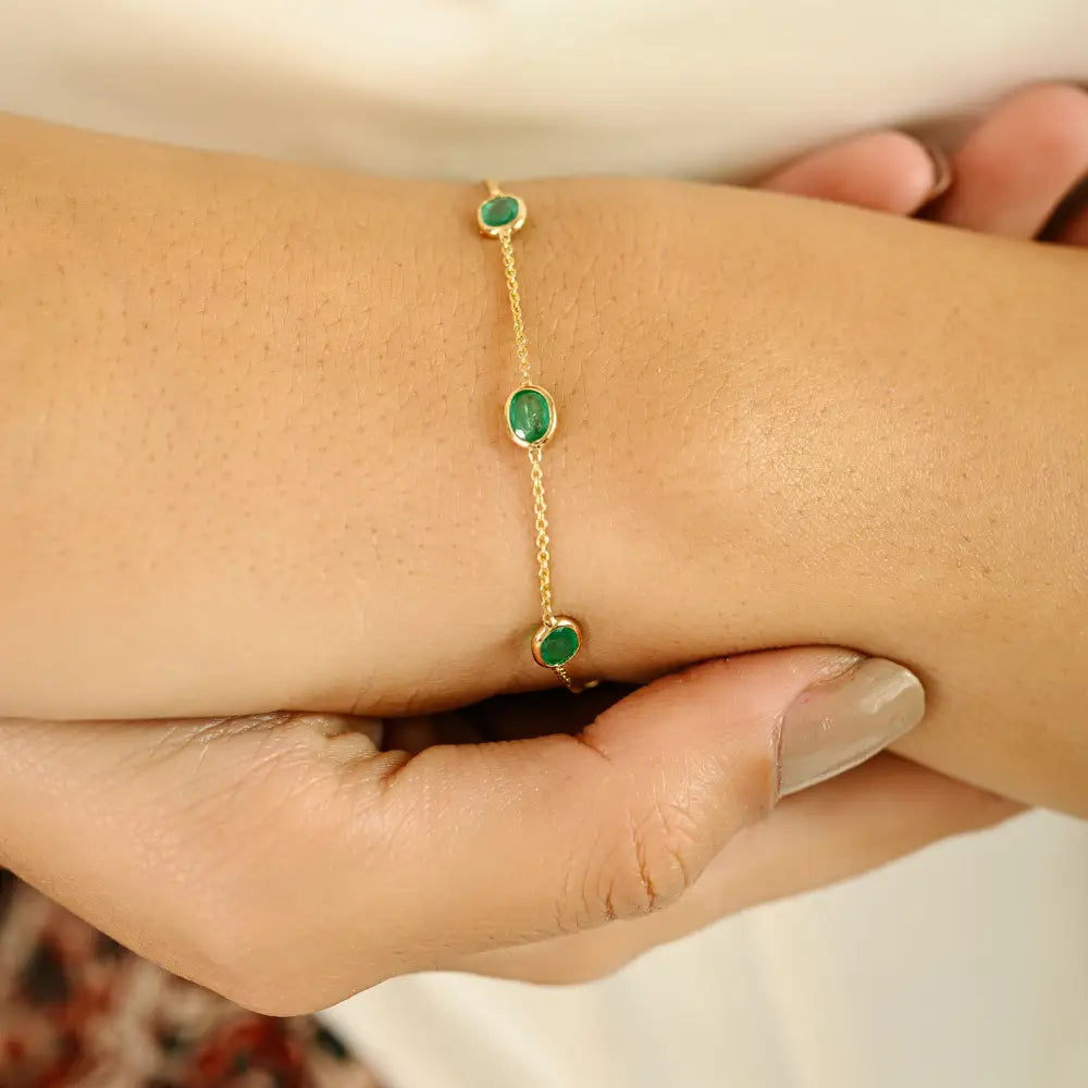 Light Weight Simple Real K14 Yellow Gold Emerald Stacking Station Chain Bracelet For Unisex