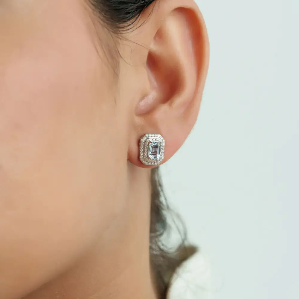 Prong Set Aquamarine & Diamond Double Cluster Stud Earrings Handmade 14K Real White Gold