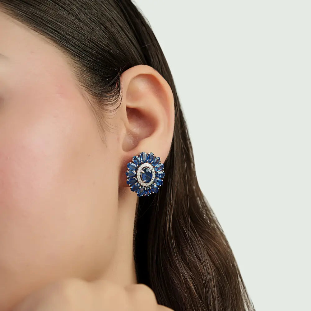 Blue Sapphire & Diamond Halo Flower Shape Stud Earrings For Wedding 14K Real White Gold