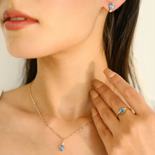 100% Natural Blue Topaz & Diamond Ring Earrings & Pendant 3 Pcs Women Jewelry Set