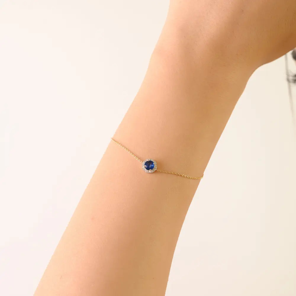 Precious Gemstone Round Cut Blue Sapphire & Diamond Halo Single Stone Bracelet 14K Gold