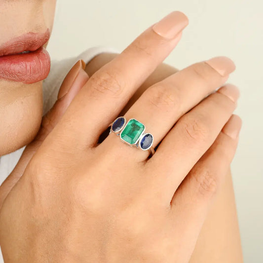 Genuine Blue Sapphire & Emerald Three Stone Ring For Unisex Birthstone Jewelry 14K Gold