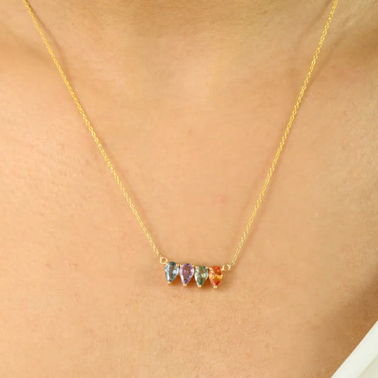 New Design Pear Shape Multi Sapphire Birthstone Pendant Necklace Stacked Jewelry 14K Gold