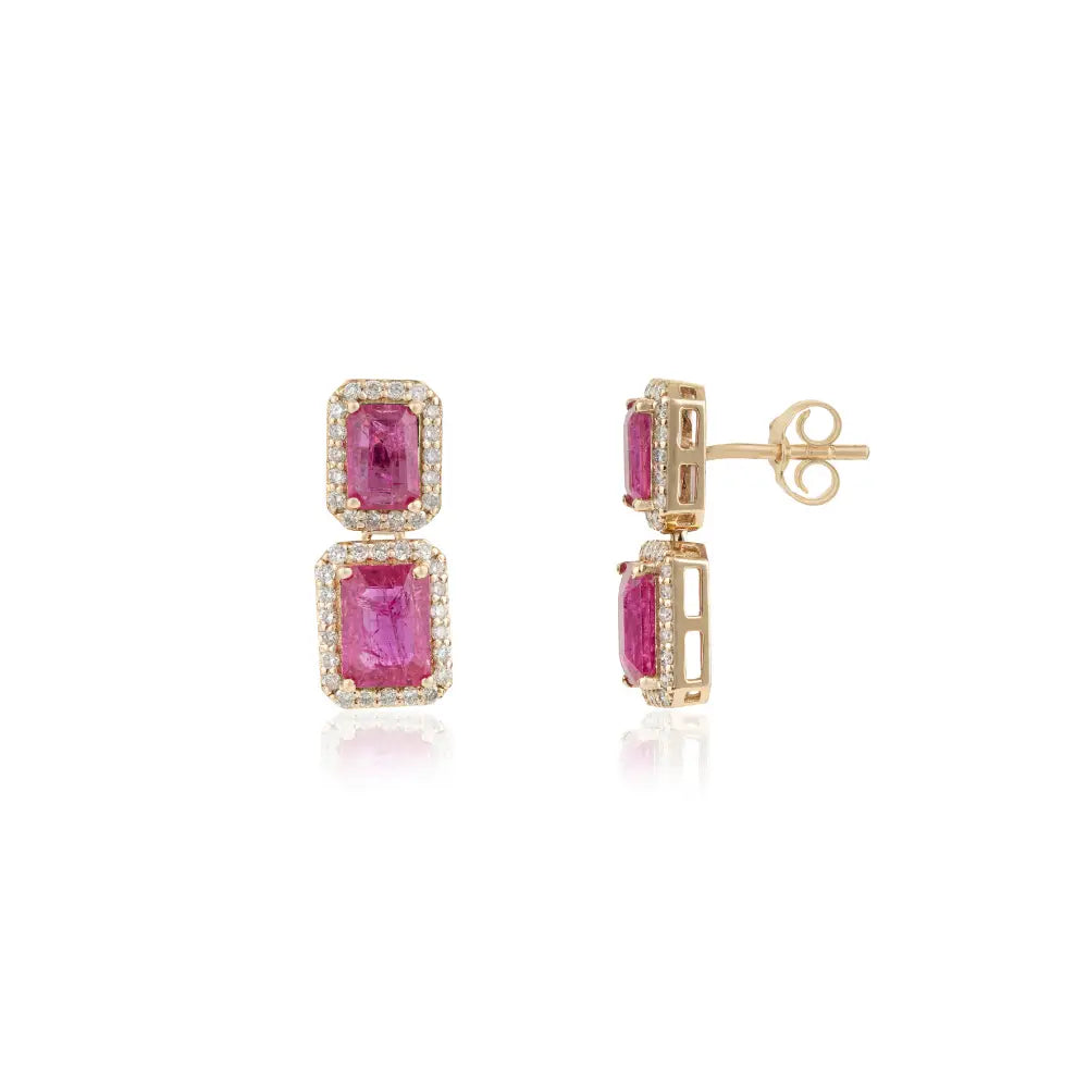 Latest Design 14K Solid Yellow Gold Ruby & Diamond Halo Drop Earrings Anniversary Gift