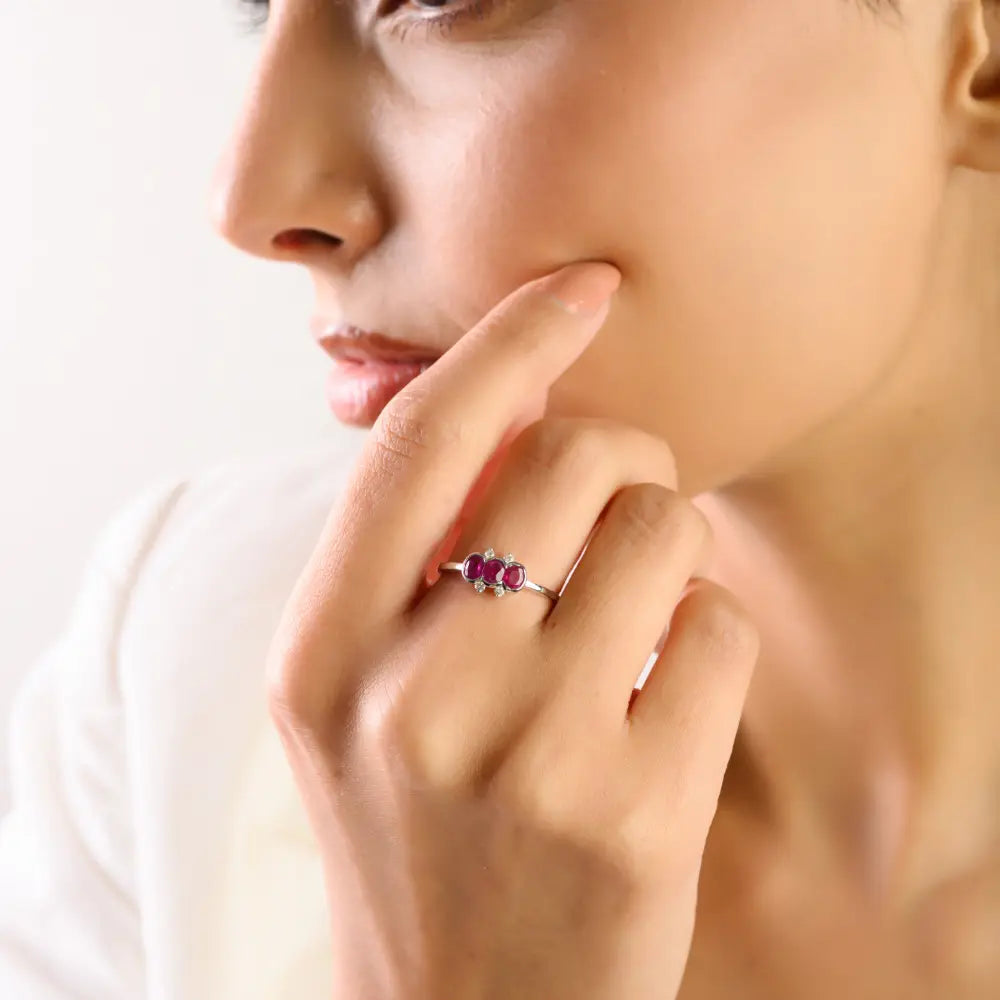 Minimal Elegant Ruby & Diamond 14K Real White Gold Three Stone Ring Women Gift Jewelry