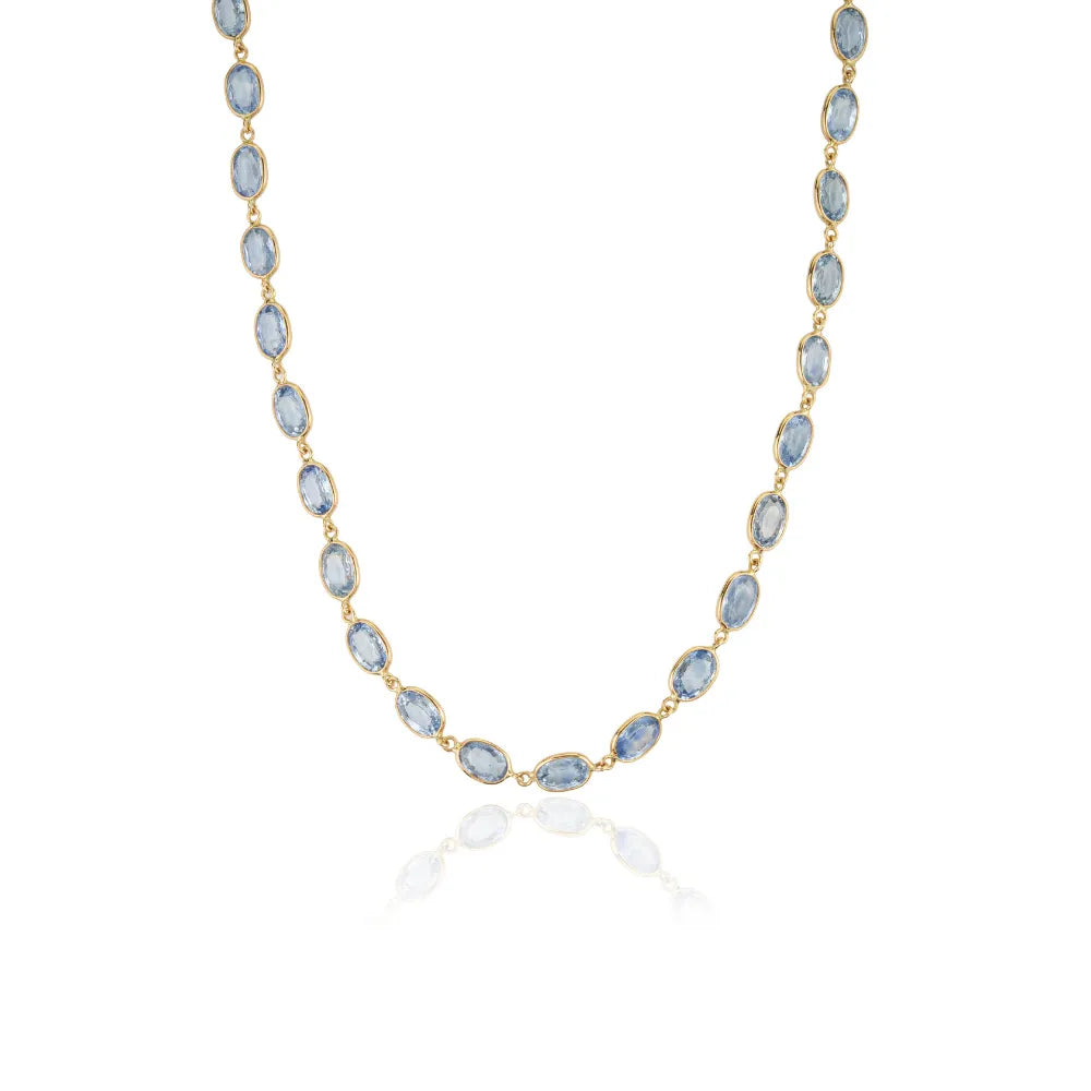 Latest Design New Arrival Blue Sapphire Gemstone Station Wedding Necklace Real 14K Yellow Gold Jewelry