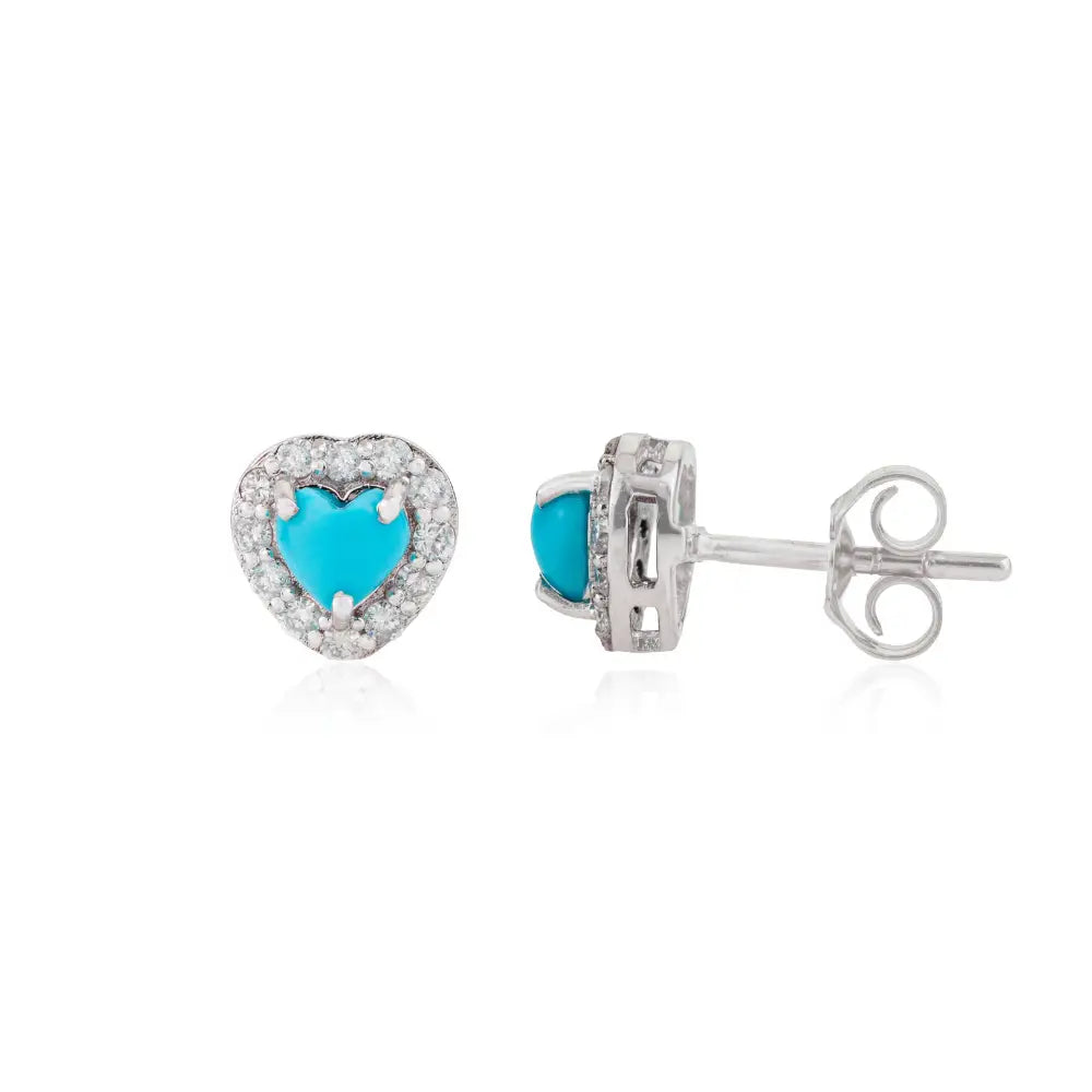 14K Real White Gold Turquoise & Diamond Heart Shape Halo Stud Earrings Daily Wear Jewelry